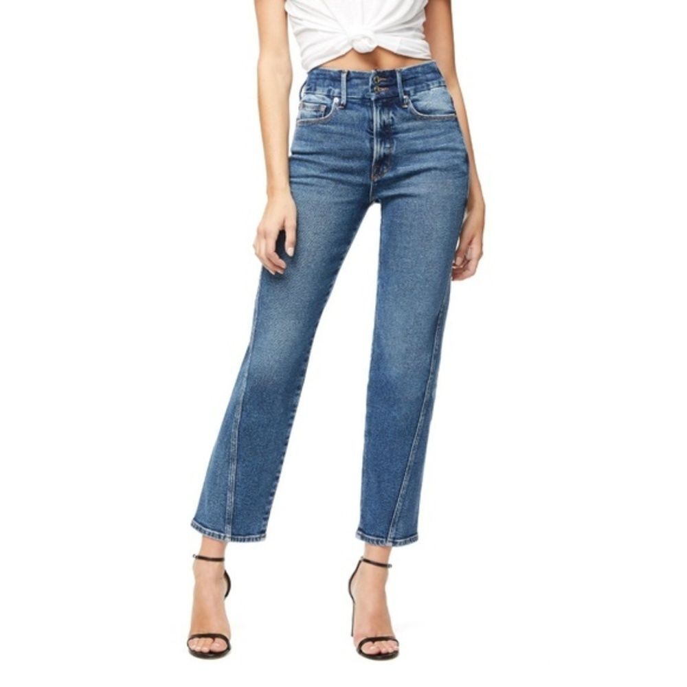 NEW Good American Jeans 2 High Rise Crop Straight Leg Festival Chic Casual Blue